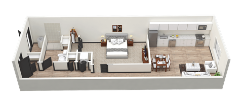 Floor plan for 1 bed, 1 bath, 750 sqft